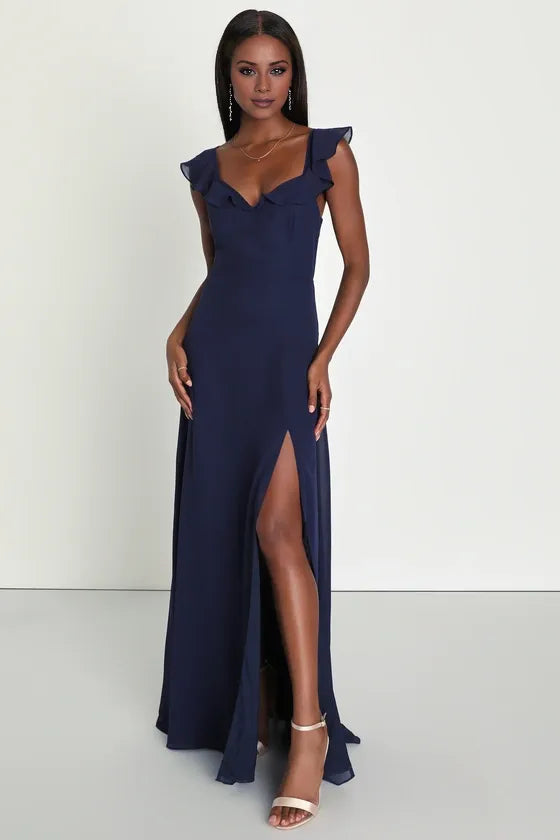 TingPo Wholesale Signature Elegance Sweetest Entrance Navy Blue Ruffled Tie-Back Maxi Dress formal wear dresses 